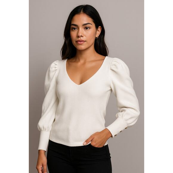 Blue Ivy Tops - Puff Sleeve Gold Detail White Low Cut Contemporary Cozy Casual Sweater Top | S
